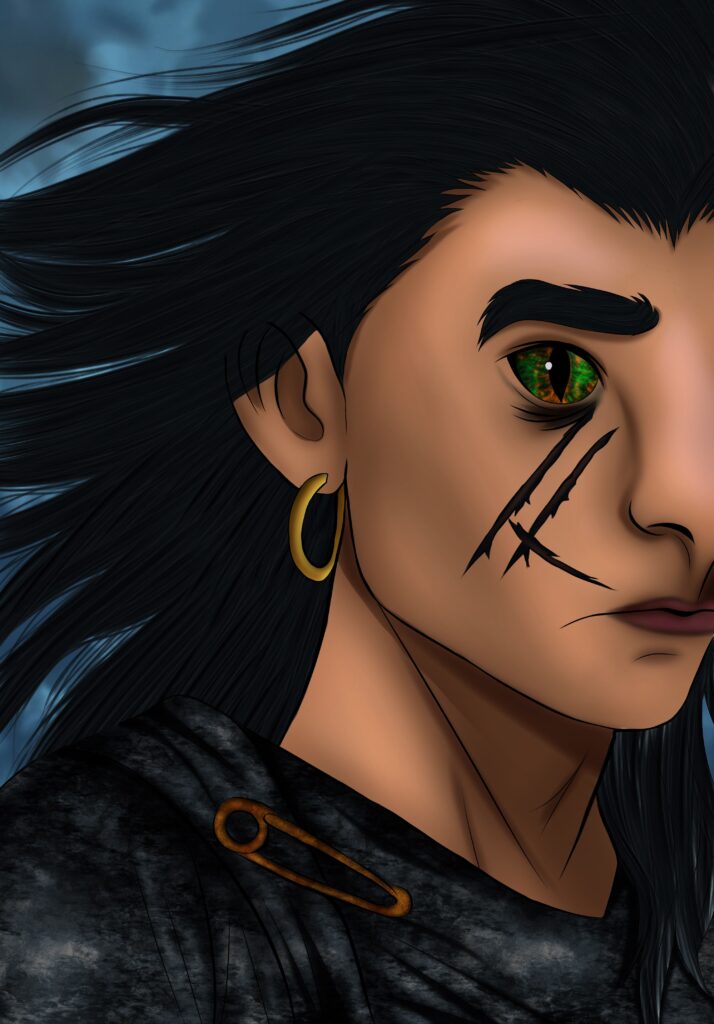 Non-human character study. Green cat eyes, black hair, medium skin tone, a gold earring and scars on one cheek.