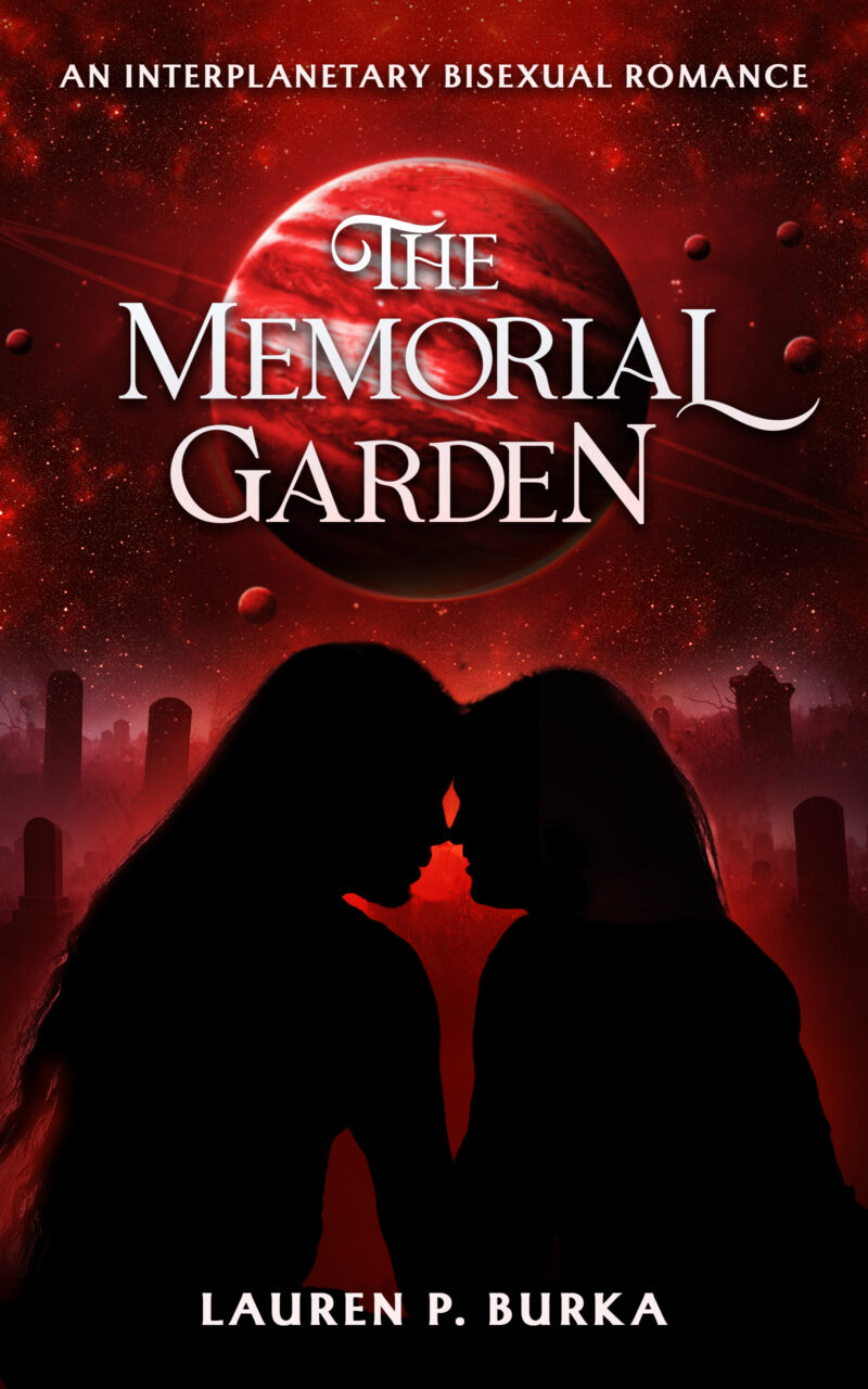 Two long-haired men in silhouette, sharing a tender moment in a graveyard, beneath a red sky with an ominous gas giant.