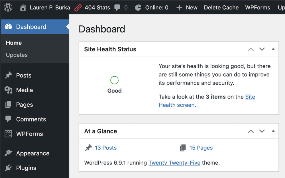 Wordpress site dashboard with buttons (Posts, Media, Pages, Comments, WPForms, Appearance, Plugins), Site Health Status (Good), theme and post information.